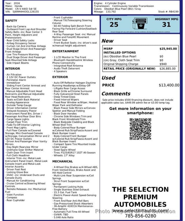 2016 Honda CR-V SE AWD W/ BLUETOOTH & BACK UP CAMERA  - 22974947 - 3
