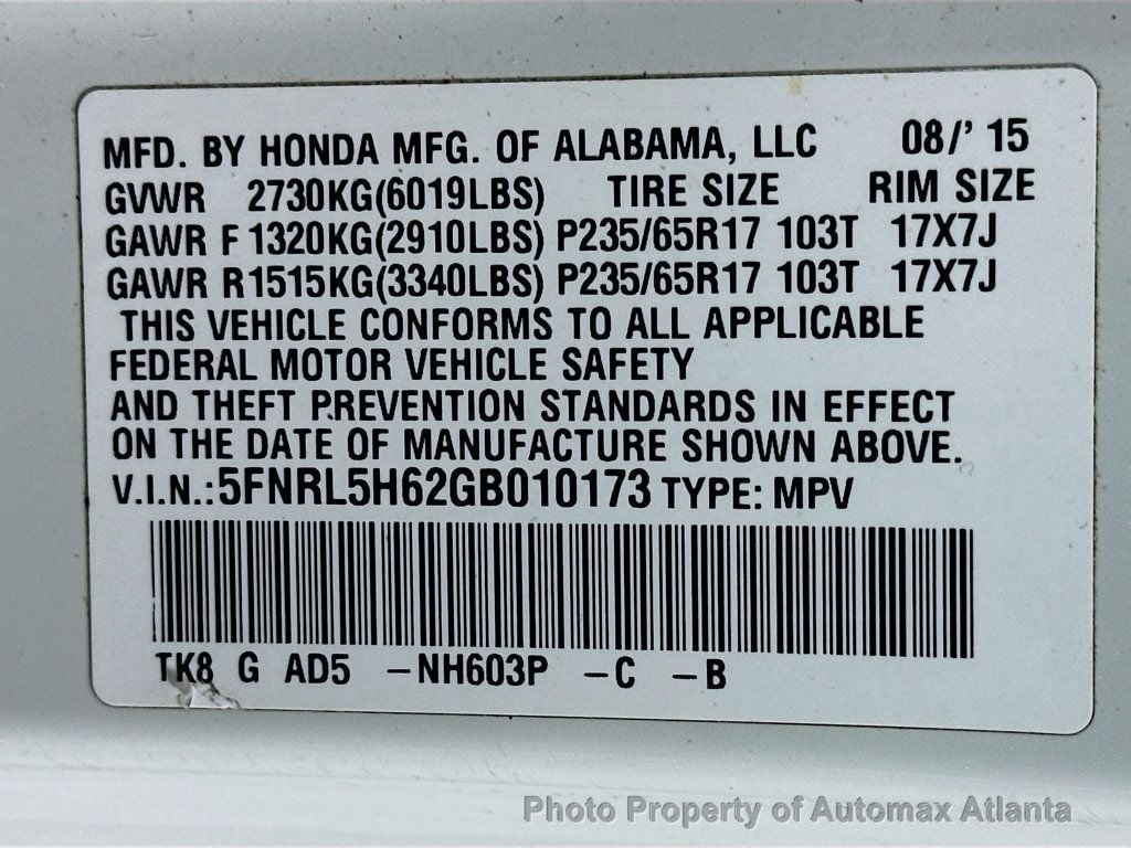 2016 Honda Odyssey EX-L - 22721334 - 39