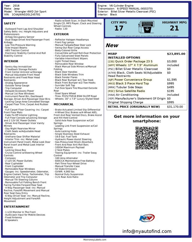 2016 Jeep Wrangler 1 OWNER, SPORT, 6-SPD MANUAL, 4X4, 17" WHEELS, HARD TOP - 22949847 - 23