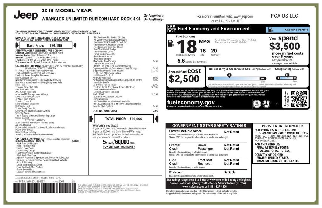 2016 Jeep Wrangler Unlimited 4WD 4dr Rubicon Hard Rock - 20391857 - 15