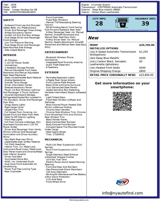 2016 MINI Cooper Hardtop 2 Door HEATED SEATS, BLUETOOTH, BLACK GRILLE, CHROME DOOR HANDLES - 22958228 - 23
