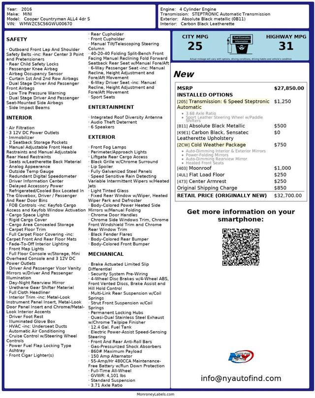 2016 MINI Cooper S Countryman AWD, PANORAMIC SUNROOF, HEATED SEATS, COLD WEATHER PKG - 22998272 - 25