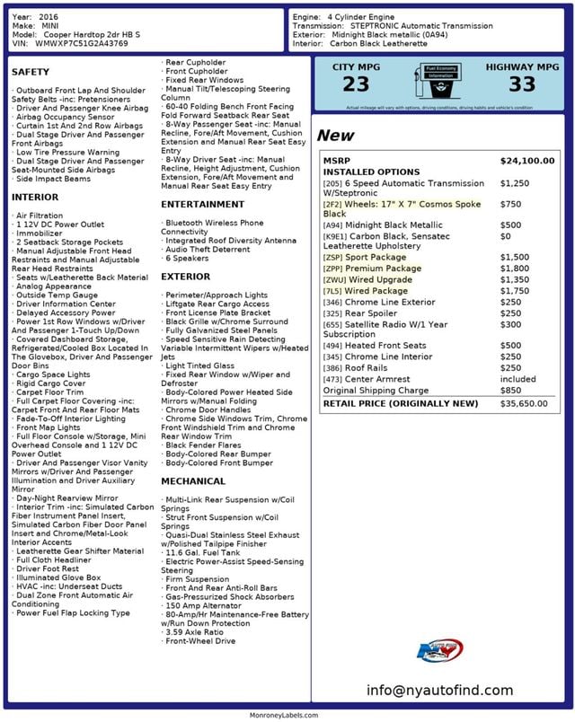2016 MINI Cooper S Hardtop 2 Door CLEAN CARFAX, PAN SUNROOF, NAVI, BACKUP CAM, HEATED SEATS - 23002943 - 23