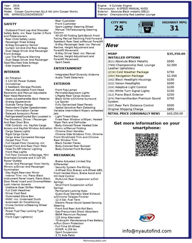 2016 MINI John Cooper Works CLEAN CARFAX, AWD, 6-SPD MANUAL, NAVI, LEATHER, HEATED SEATS - 22927465 - 24