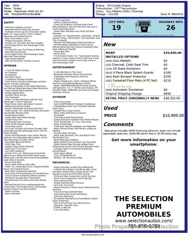 2016 Nissan Pathfinder 4WD SL W/3RD ROW SEATING - 22996804 - 2