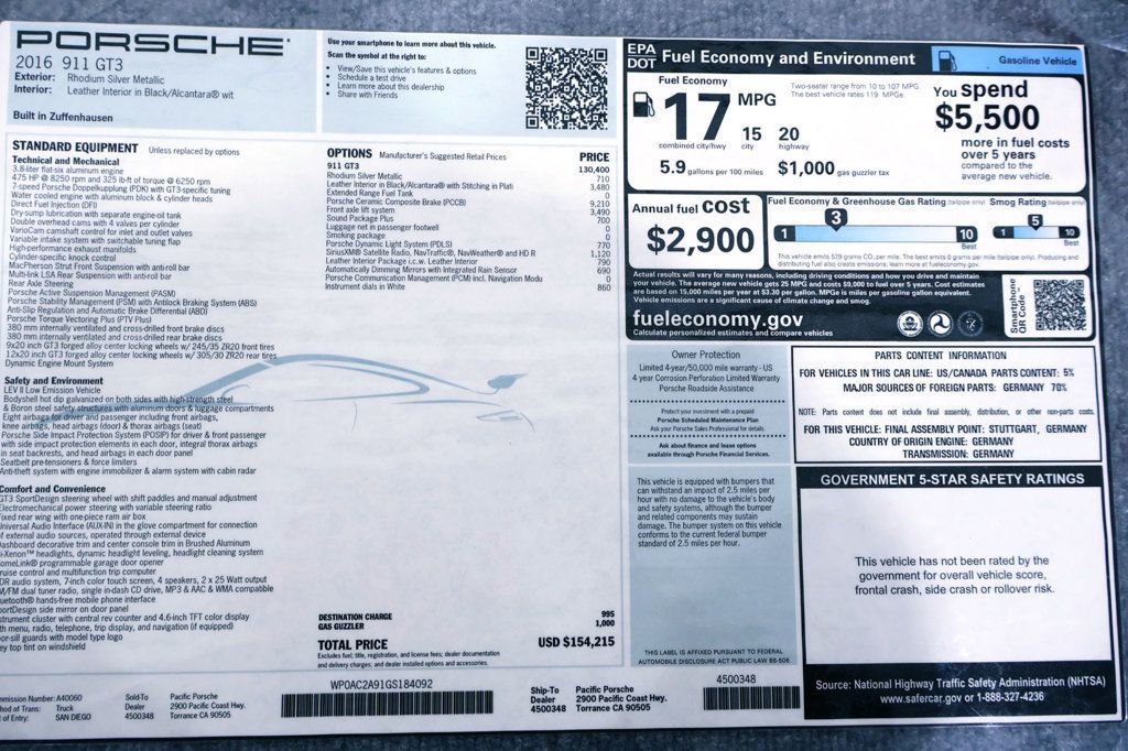 2016 Porsche 911 GT3 RHODIUM SLVR...3,465 Miles...PCCB, Front Lift - 22985021 - 45