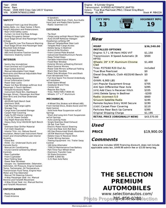 2016 Ram 1500 4WD CREW CAB EXPRESS W/EXPRESS PACKAGE & HEMI - 22996235 - 2