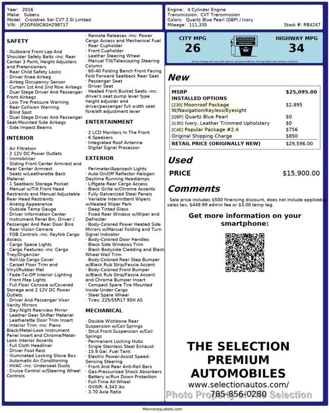 2016 Subaru Crosstrek 5DR 2.0i LIMITED W/EYESIGHT PACKAGE - 23009519 - 2