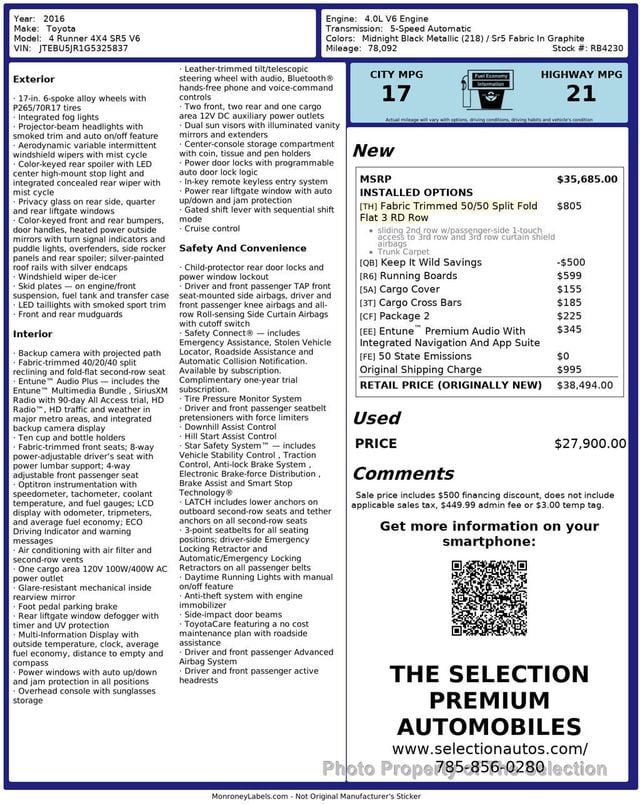 2016 Toyota 4Runner 4WD V6 SR5 W/3RD ROW SEATING PACKAGE - 22999024 - 2