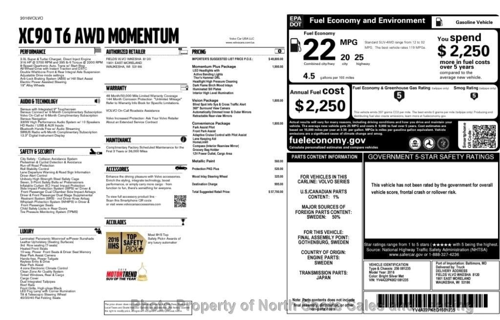 2016 Volvo XC90 AWD 4dr T6 Momentum - 22992817 - 53