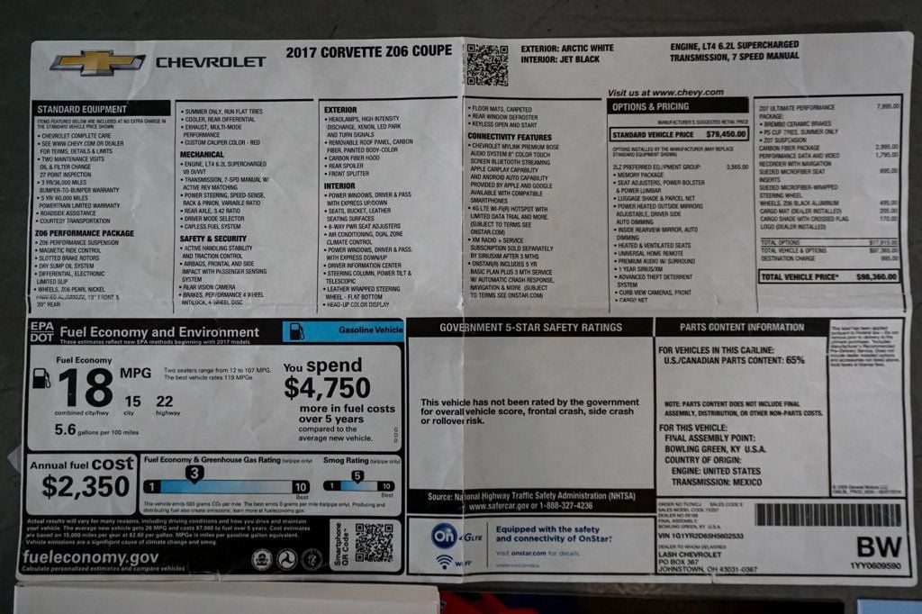 2017 Chevrolet Corvette *Z06 2LZ* *Z07-Performance Pkg* *7-Speed Manual* *Only 6k Miles* - 23000903 - 91