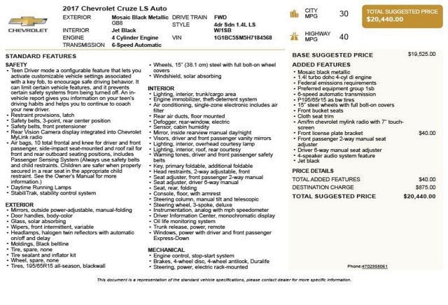 2017 Chevrolet CRUZE 4dr Sedan Automatic LS - 23013954 - 2