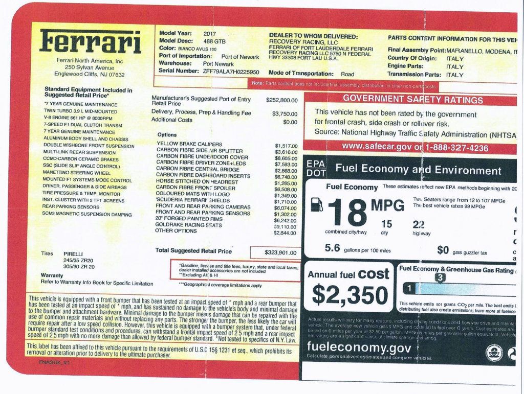 2017 Ferrari 488 GTB BIANCO AVUS...2,243 Miles...GOLDRAKE Race Seats - 23005724 - 1