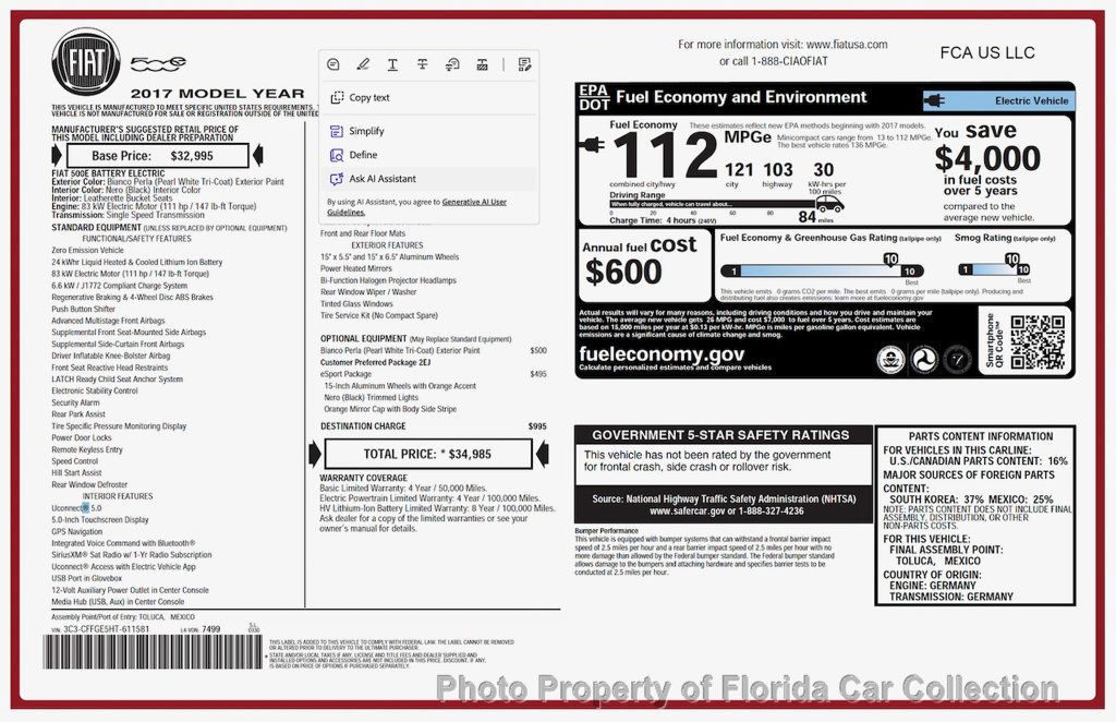 2017 FIAT 500e eSport Electric Vehicle EV Hatchback - 22975344 - 85