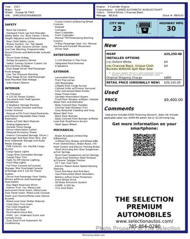 2017 Ford Escape SE FWD W/ BACK UP CAMERA & BLUETOOTH - 22940141 - 1