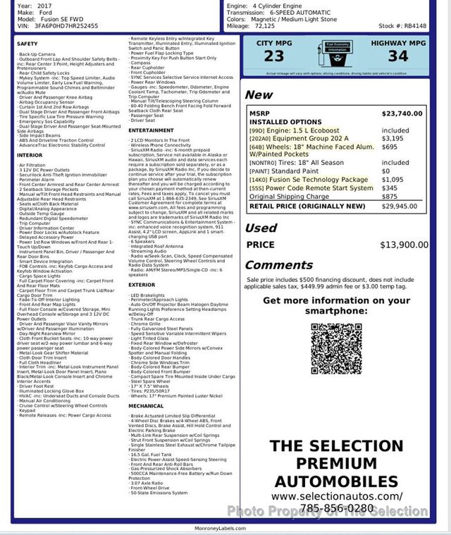 2017 Ford Fusion SE FWD W/LUXURY, NAVIGATION & TECH PACKAGES - 22941456 - 2
