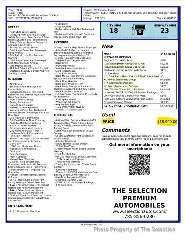 2017 Ford F-150 XL 4WD SUPERCREW W/STX APPEARANCE PACKAGE - 22957083 - 1