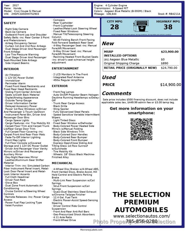 2017 Honda Civic Coupe SI MANUAL W/POWER SUNROOF, BACK UP CAMERA & SPOILER - 22998205 - 2
