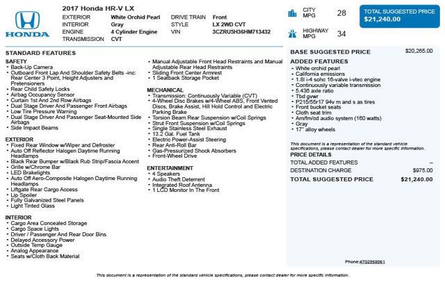 2017 Honda HR-V LX 2WD CVT - 23045891 - 2
