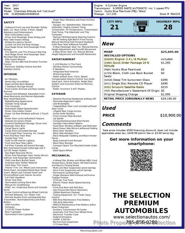 2017 Jeep Cherokee ALTITUDE 4X4 W/QUICK ORDER PKG, SIRIUS RADIO PKG - 22996234 - 2