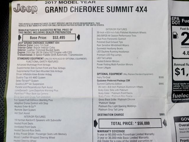 2017 Jeep Grand Cherokee Summit 4x4 Platinum Edition  - 22266720 - 1