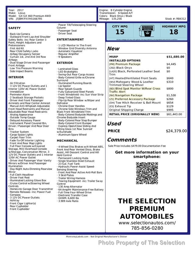 2017 Lexus GX GX460 PREMIUM 4WD W/PREMIUM PACKAGE & BLIND SPOT SYSTEM - 23040029 - 2