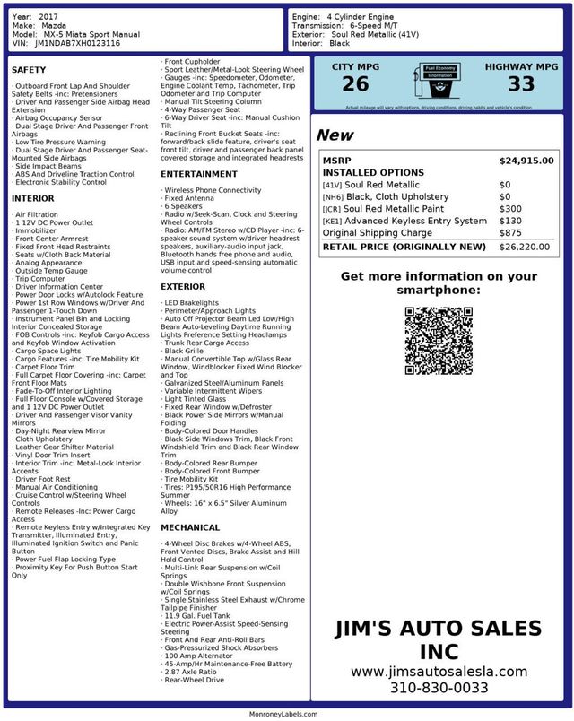 2017 Mazda MX-5 Miata Sport 6 Speed Manual Convertible - 22957260 - 7
