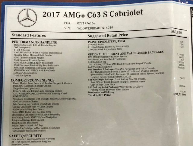 2017 Mercedes-Benz C-Class AMG C 63 S Cabriolet W/P2, AMG Night Packages  - 20659431 - 54