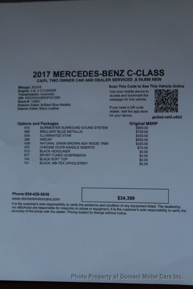2017 Mercedes-Benz C-Class CA/FL TWO OWNER CAR AND DEALER SERVICED ,$ 54,890 NEW  - 20611485 - 4