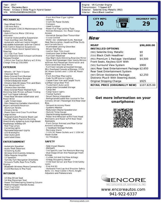 2017 Mercedes-Benz S-Class S 550e Plug-In Hybrid Sedan W/P1 and Rear Entertainment Packages - 20763373 - 62