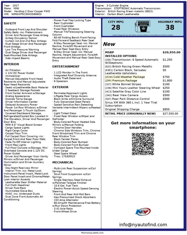 2017 MINI Cooper Hardtop 2 Door CLEAN CARFAX, PAN SUNROOF, HEATED SEATS, BACKUP CAM, PREMIUM PKG - 22958782 - 23