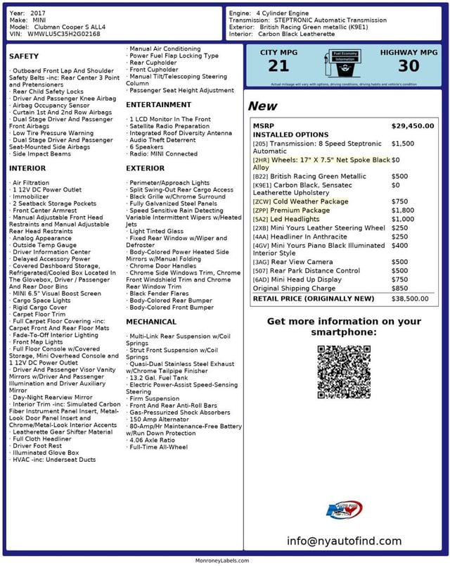 2017 MINI Cooper S Clubman AWD, PAN SUNROOF, HEATED SEATS, BACKUP CAM, LED LIGHTS, PREMIUM - 23002337 - 10