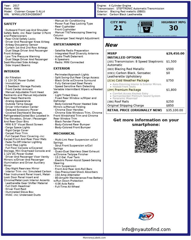 2017 MINI Cooper S Clubman CLEAN CARFAX, AWD, PAN SUNROOF, HEATED SEATS, PREMIUM PKG - 22986060 - 25