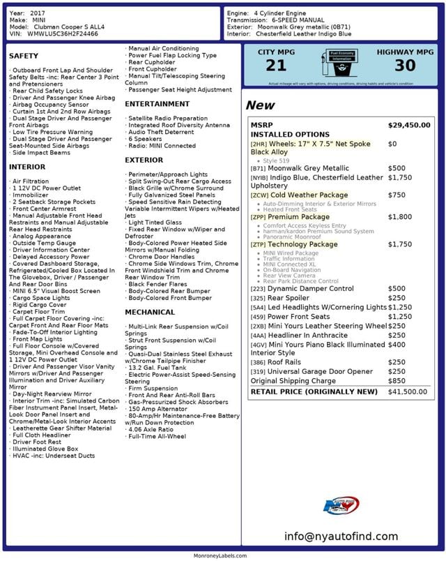 2017 MINI Cooper S Clubman ONE OWNER, AWD, 6-SPD MANUAL, PAN SUNROOF, BACKUP CAMERA, NAVI - 22935403 - 23