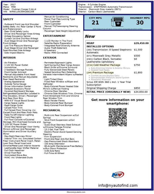 2017 MINI Cooper S Clubman ONE OWNER, AWD, PAN SUNROOF, HEATED SEATS, PREMIUM PKG - 23004276 - 10