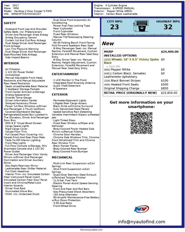 2017 MINI Cooper S Hardtop 2 Door CLEAN CARFAX, 6-SPD MANUAL, HEATED SEATS, VICTORY SPOKE WHEELS - 22978373 - 22