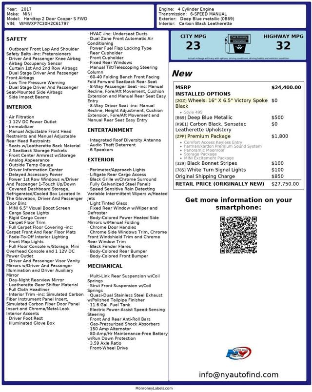 2017 MINI Cooper S Hardtop 2 Door CLEAN CARFAX, 6-SPD MANUAL, PANORAMIC SUNROOF, PREMIUM PKG - 22935221 - 21