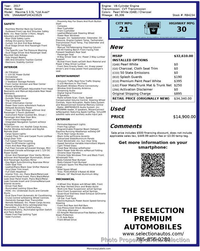 2017 Nissan Maxima S 3.5L LIMITED W/APPLE CARPLAY & ANDROID AUDIO - 22999377 - 2