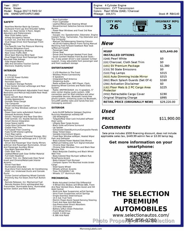 2017 Nissan Rogue 2017.5 FWD SV W/SV PREMIUM PACKAGE & NAVIGATION - 22937622 - 2