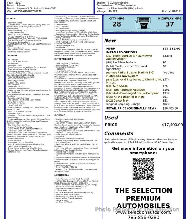 2017 Subaru Impreza 2.0i LIMITED AWD W/ MOONROOF, HARMAN KARDON, EYE SIGHT PKG - 22961915 - 1