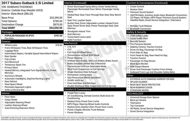 2017 Subaru Outback 2.5i - 22943623 - 5