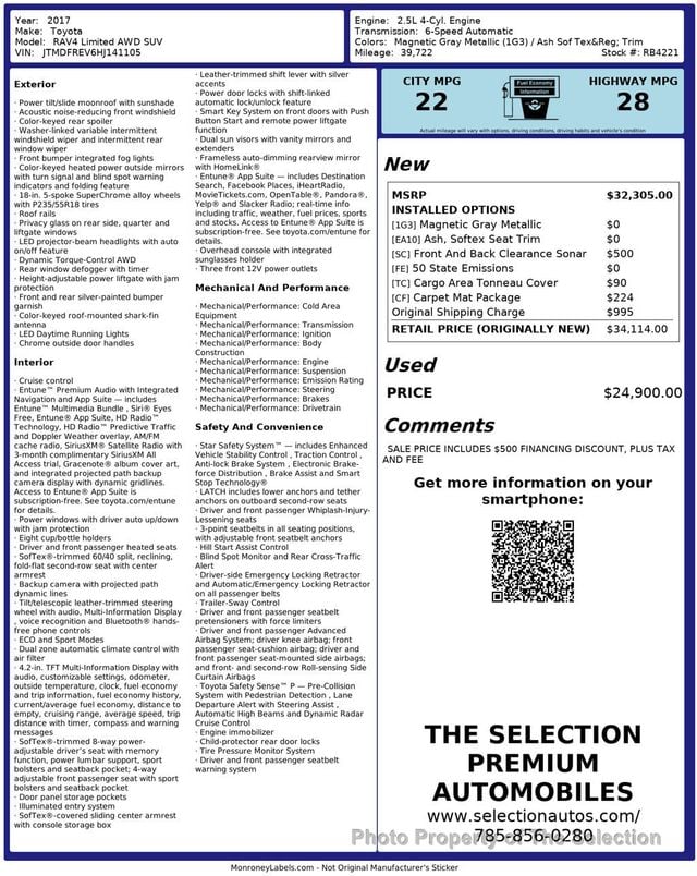 2017 Toyota RAV4 LIMITED 4WD W/LEATHER, NAVIGATION & MOONROOF - 22995894 - 2