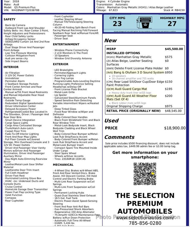 2018 Audi Q5 2.0 TFSI PREMIUM PLUS W/BANG & OLUFSEN SOUND SYSTEM. - 22944389 - 2