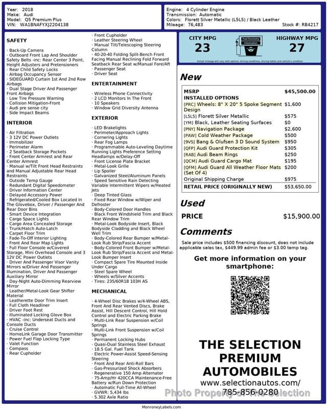 2018 Audi Q5 2.0T PREMIUM PLUS W/ NAV & BANG & OLUFSEN PACKAGES - 22986026 - 2