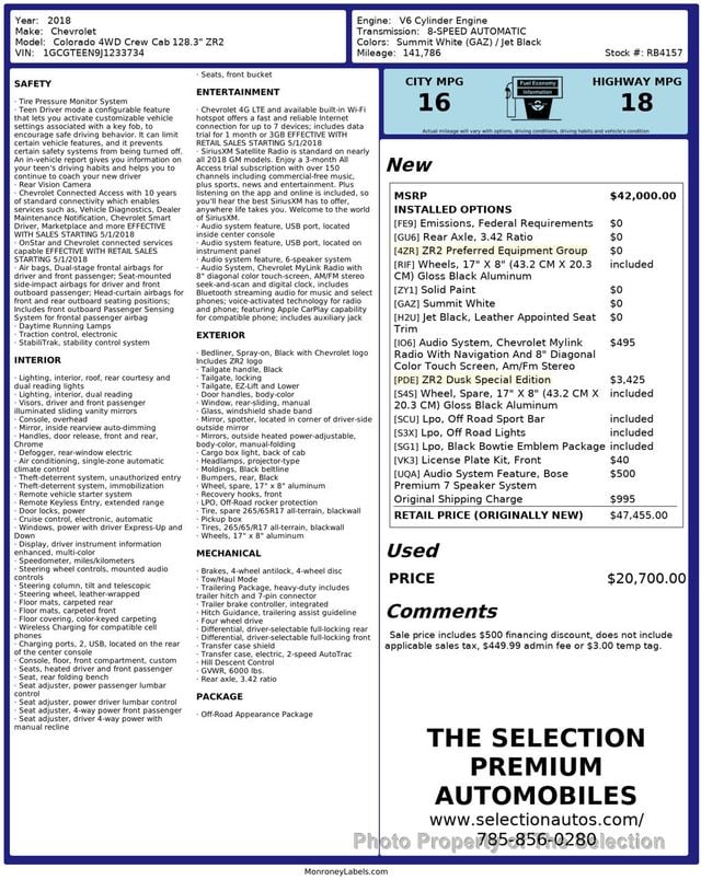 2018 Chevrolet Colorado 4WD CREW CAB ZR2 W/DUSK SPECIAL EDITION PACKAGE - 22951197 - 2