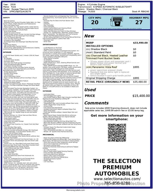 2018 Ford Escape TITANIUM 4WD W/PANORAMIC VISTA ROOF & LEATHER TRIMMED INTERIOR - 23001783 - 2