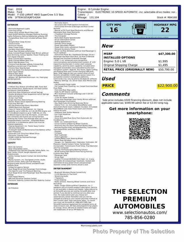 2018 Ford F-150 LARIAT 4WD SUPERCREW W/TWIN PANEL ROOF & NAVIGATION - 22957091 - 1
