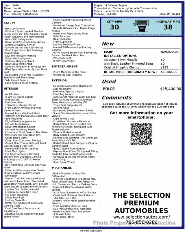 2018 Honda Accord Sedan EX-L 1.5T W/ ADAPTIVE CRUISE, HEATED SEATS, APPLE CARPLAY - 22953085 - 1