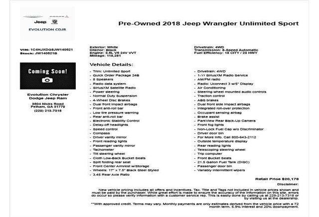 2018 Jeep Wrangler Unlimited Sport - 23010220 - 2