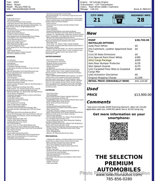 2018 Nissan Murano SL W/ NAVIGATION, APPLE CARPLAY, SUNROOF, LEATHER - 22940142 - 2